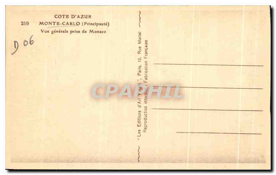 CPA Cote D'Azur Monte Carlo Vue generale prise de Monaco — Rückseite