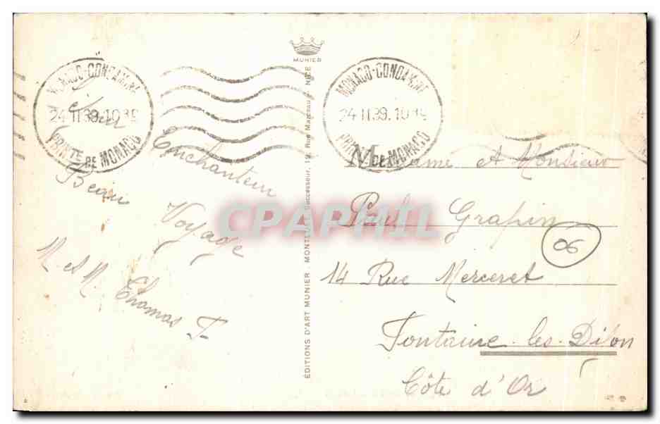 CPA Cote D'Azur Monte Carlo Le Casino — Rückseite