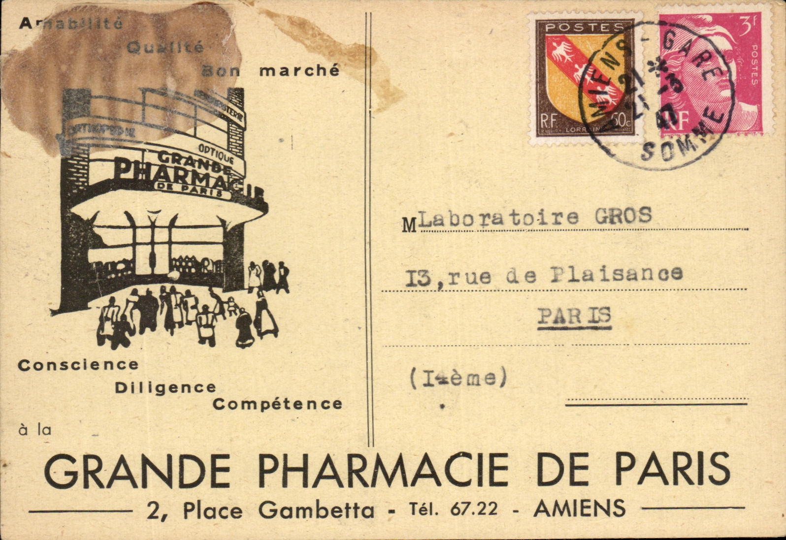 Entier Grande Pharmacie de Paris Place Gambetta Amiens 1947 