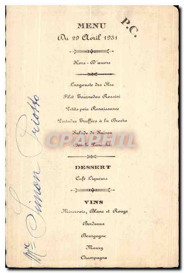 CPA Menu 1931 — Rückseite