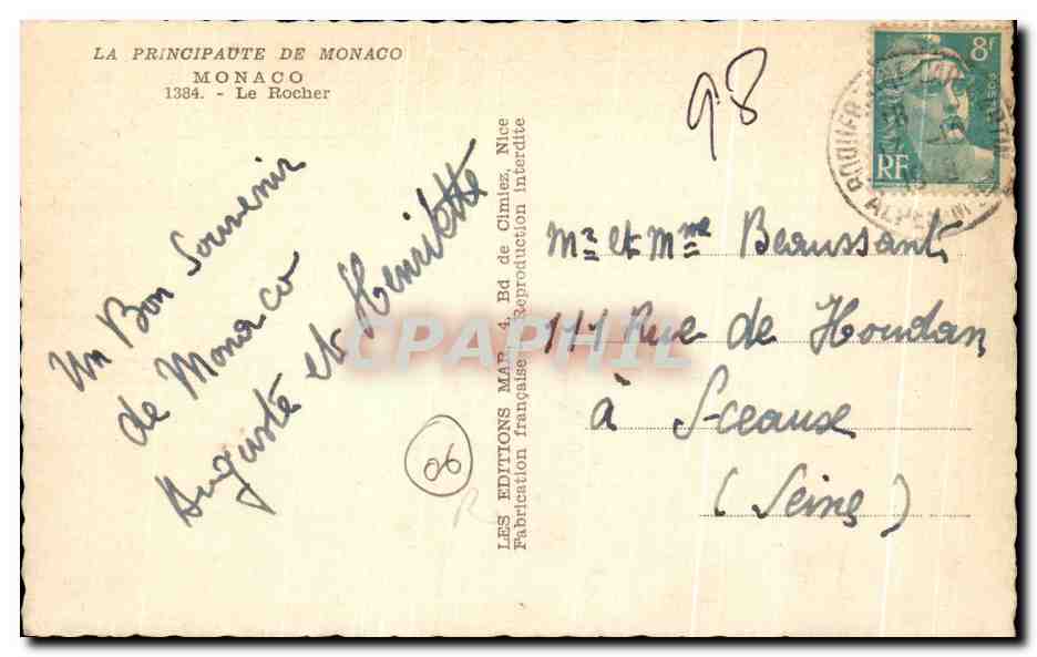CPA Principaute De Monaco Monaco Le Rocher — Rückseite