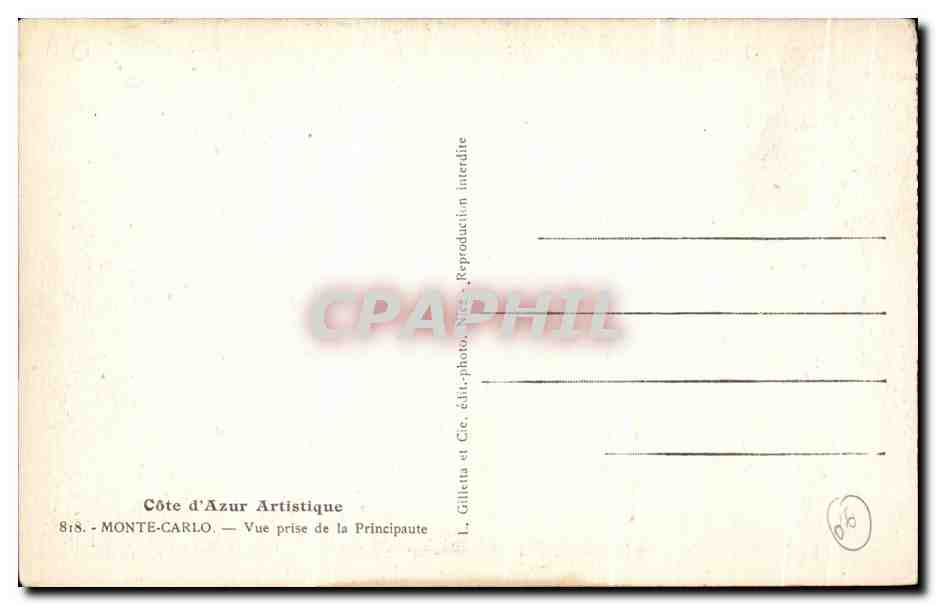 CPA Cote d'Azur Artisique Monte Carlo Vue prise de la Principaute — Rückseite