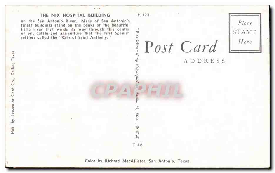 CPSM The Nix Hospital Building On The San Antonio River Texas — Rückseite