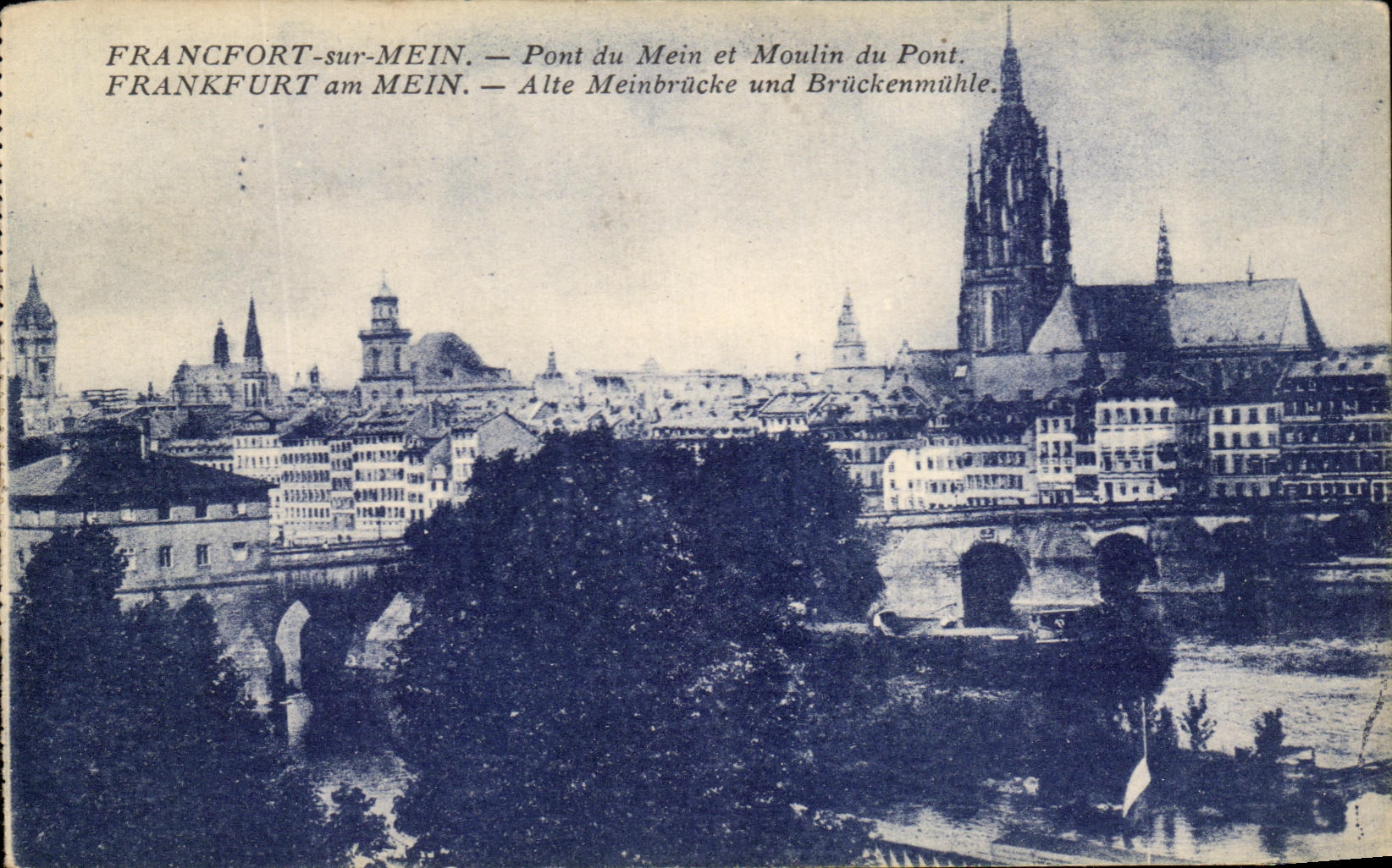 Frankfurt-sur-Mein — Pont du Mein et Moulin du Pont — vue panoramique avec la cathédrale