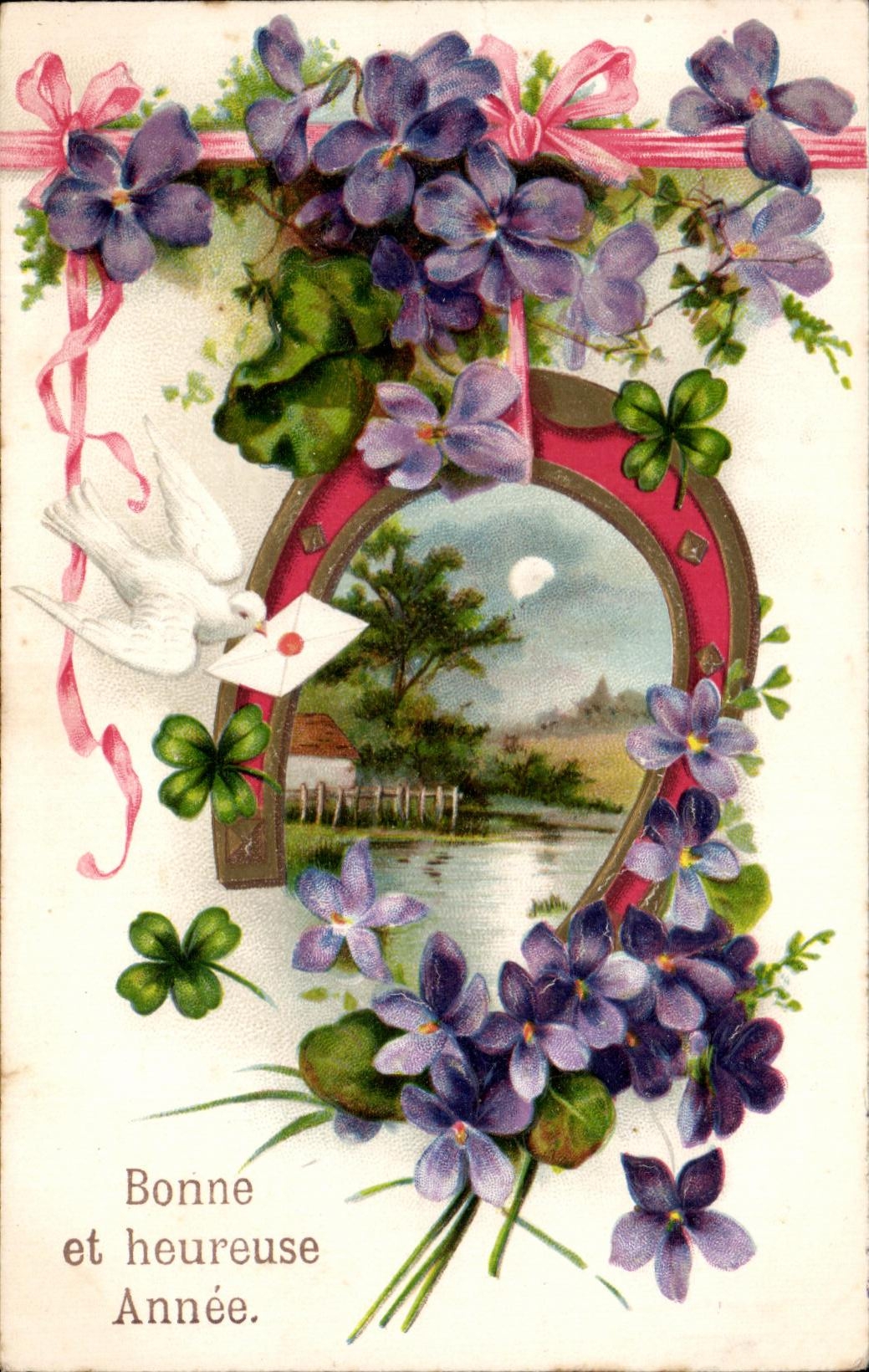Happy and Prosperous Year — violets, dove and clover — unidentified publisher