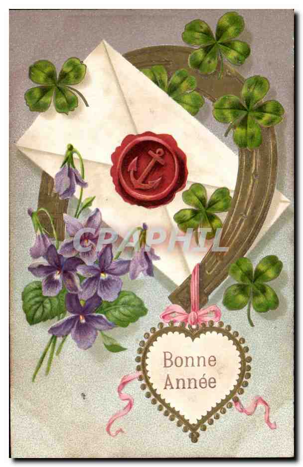CPA Bonne Annee Fleurs Trefles Fer a cheval
