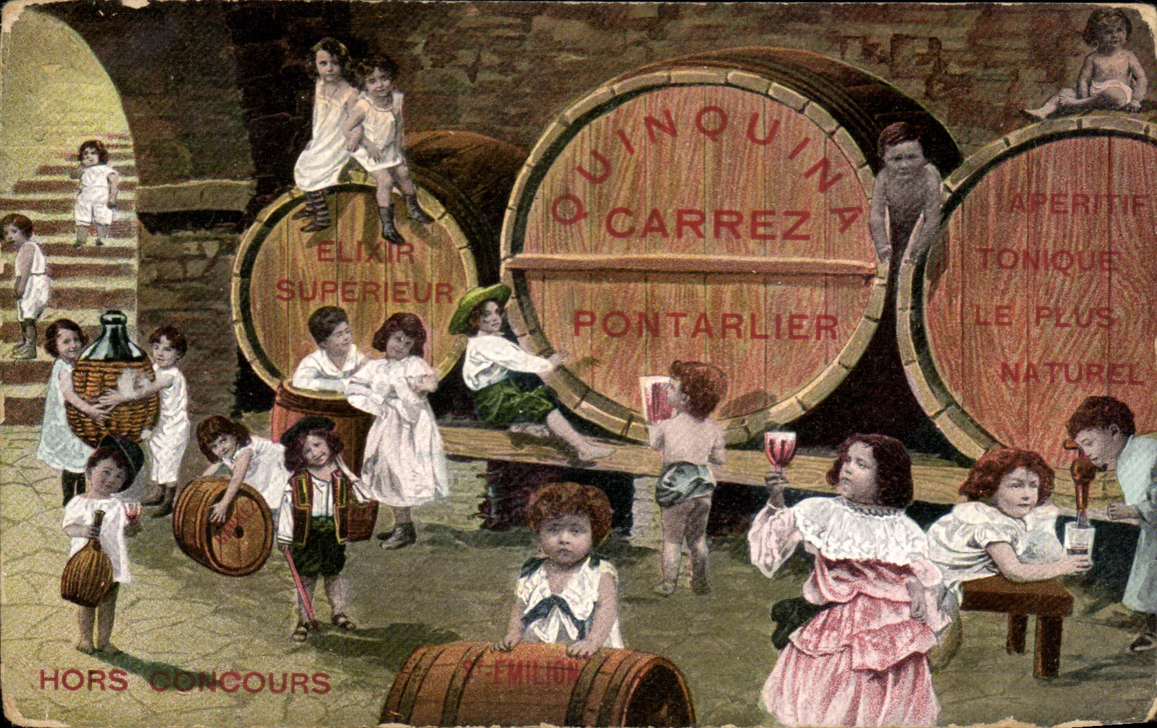 Enfants jouant autour de tonneaux — Quinquina Carrez — Éditeur Émilion, n° 107