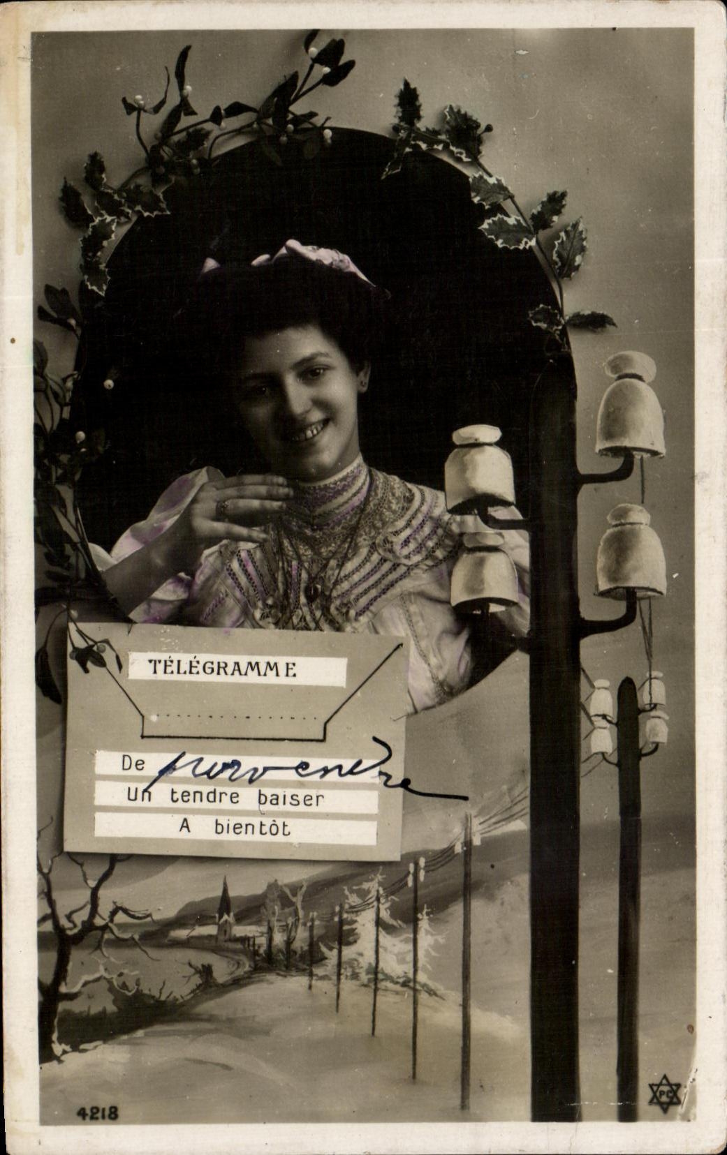 Femme souriante — télégramme 'Un tendre baiser' — éditeur inconnu, n° 4218