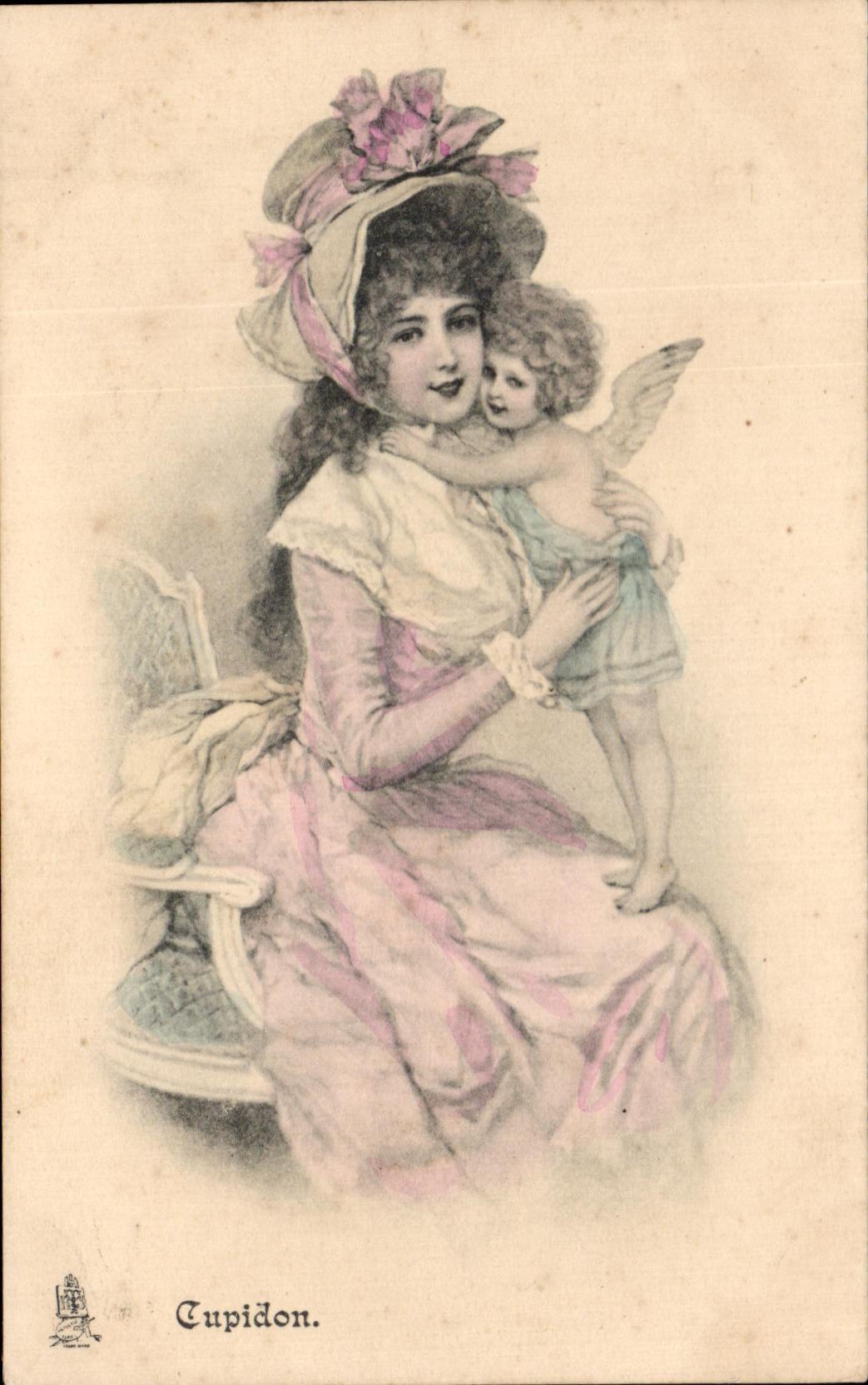 Cupidon — femme en robe rose tenant un petit ange — éditeur Raphael Tuck & Sons, série 334