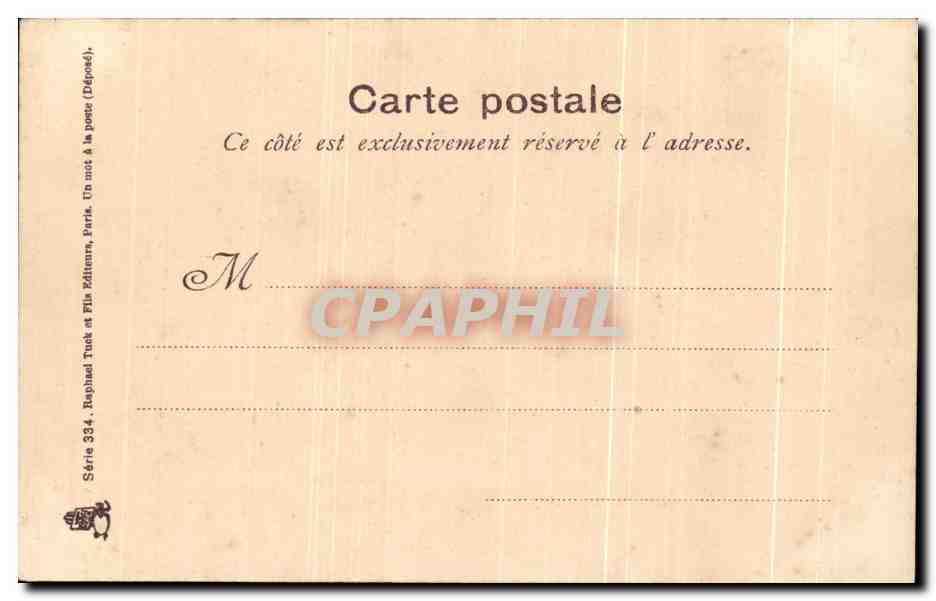 Cupidon — femme en robe rose tenant un petit ange — éditeur Raphael Tuck & Sons, série 334 — Verso