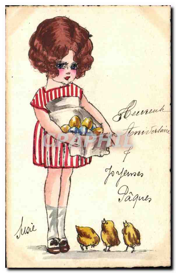 CPA Fantaisie Femme Poussins Paques 