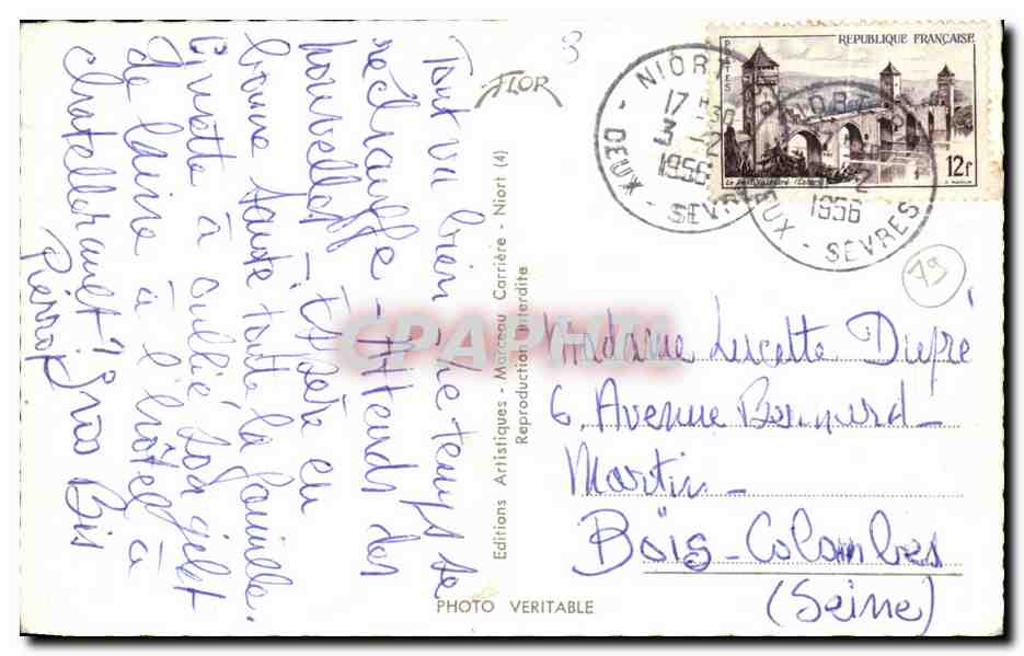 Niort — Vue panoramique et monuments — Editions Artisques Carrière — Verso