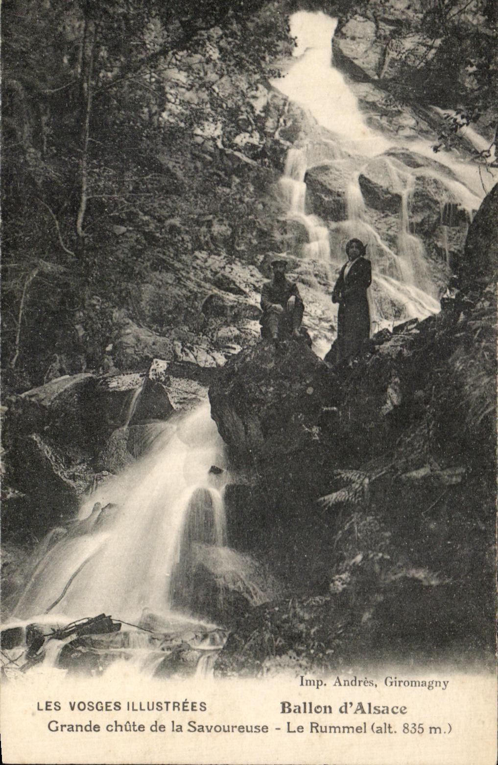 Grande chute de la Savoureuse — Ballon d'Alsace (alt. 835 m.) — LES VOSGES ILLUSTRÉES, Imp. Andrès, Giromagny