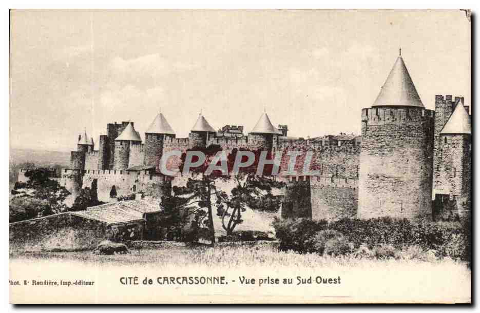 Cité de Carcassonne — Vue prise au Sud-Ouest — Phot. E. Roudière, imp.-éditeur
