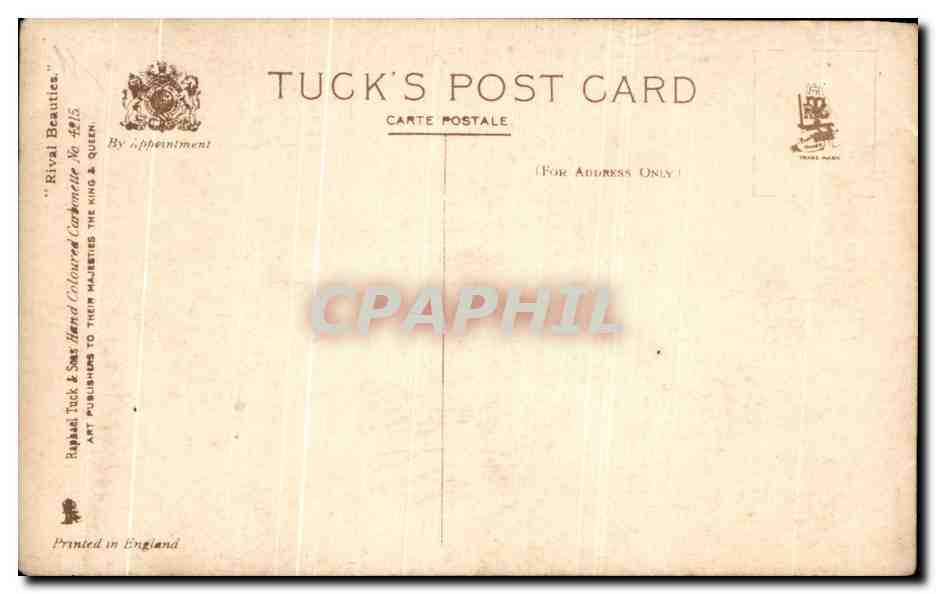 Frau in gelbem Kleid — mit Pfauenfedern — Tuck's Post Card n°4815 — Rückseite