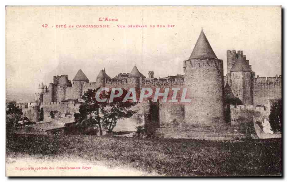 CPA L'Aude Cite De Carcassonne Vue generale Du Sud Est Publicite Louis Boyer