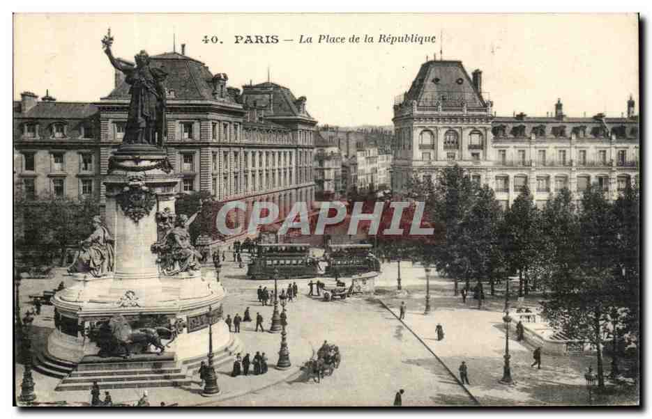 CPA Paris La Place de la Republique Tramway