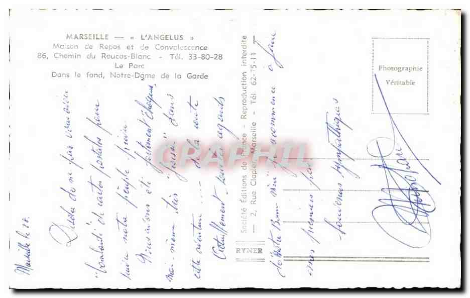 CPA Marseille L'angelus Maison De Repos Et De Convalescence — Rückseite