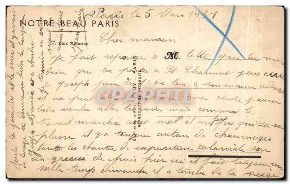 CPA Notre Beau Paris Parc Monceau — Verso