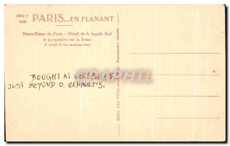 Notre-Dame de Paris — Détail de la façade Sud et perspective sur la Seine — Édition d'Art Yvon — Verso