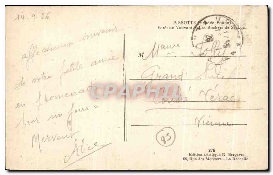 CPA Pissotte Foret de Vouvant Les rochers St luc  — Rückseite