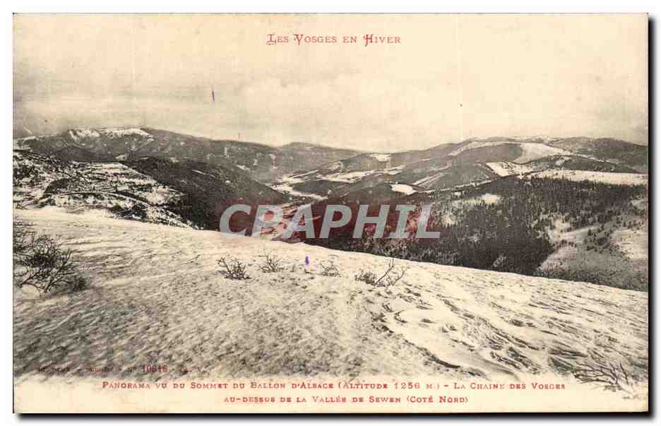 Les Vosges en Hiver — Panorama vu du sommet du Ballon d'Alsace (altitude 1256 m.) — La chaîne des Vosges au-dessus de la vallée de Sewen (côté nord) — Éditeur : M. G. B. N° 10046