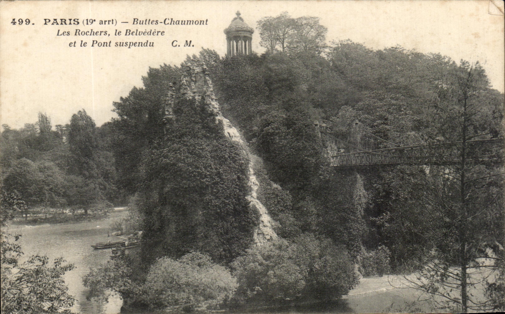 CPA Paris Buttes Chaumont Les Rochers le Belvedere et le Pont Suspendu