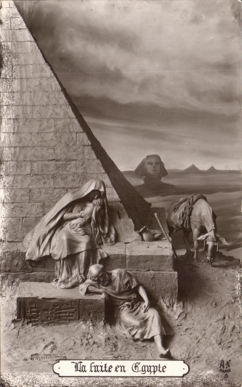 La fuite en Égypte — scène biblique avec pyramide et sphinx — A.N. Paris 5