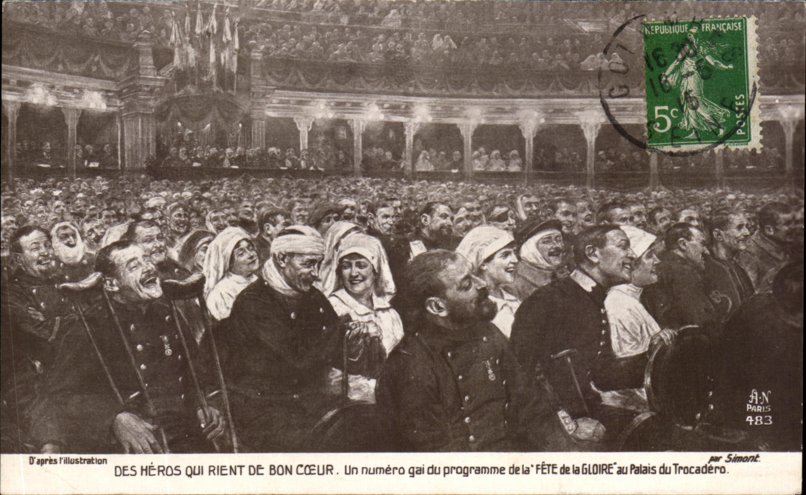 CPA Des Heros qui rient de bon couer Un numero gai du programme de la Fete de la Gloire au Palais du Trocadero Militaria