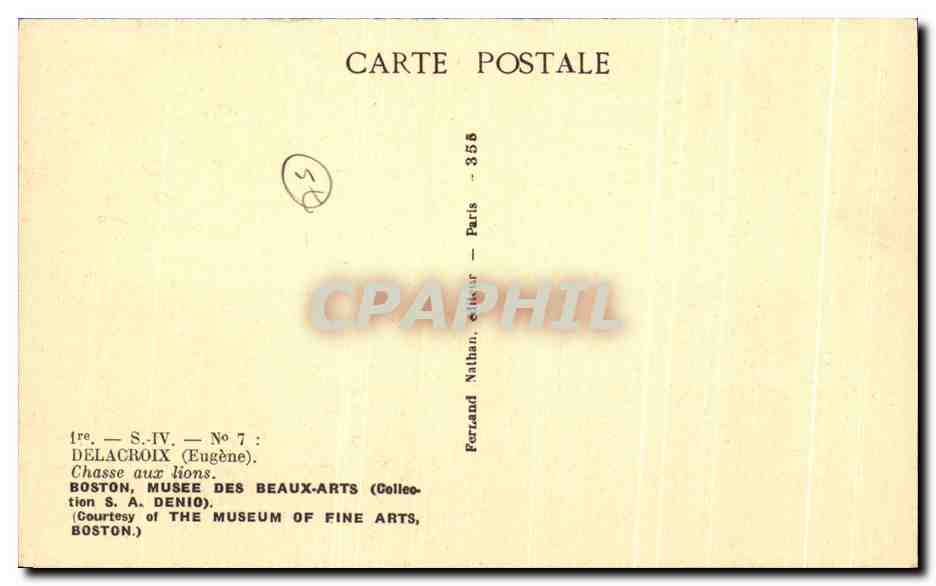 CPA Delacroix Musee des Beaux Arts (Collection S A Denio) Chasse aux lions  — Verso