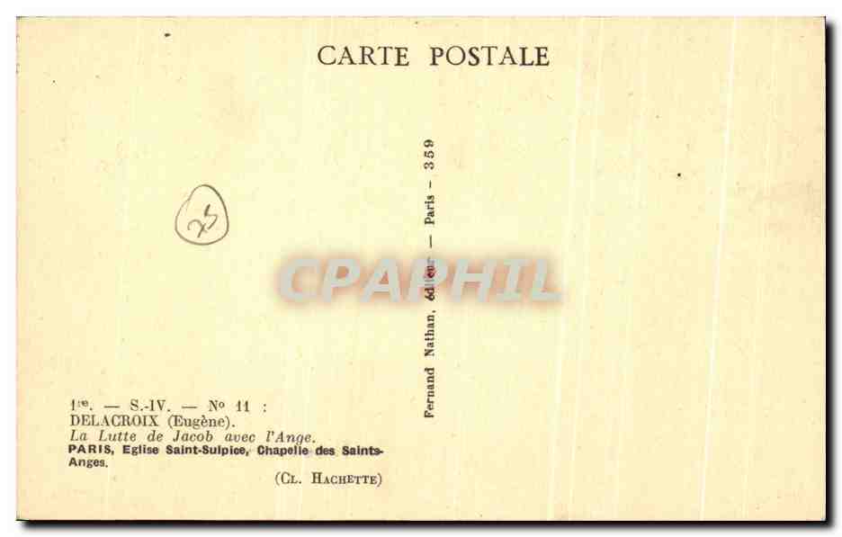 CPA Delacroix La Lutte de Jacob avec l'Ange Paris Eglise Saint Sulpice Chapelle des Saints Anges — Verso