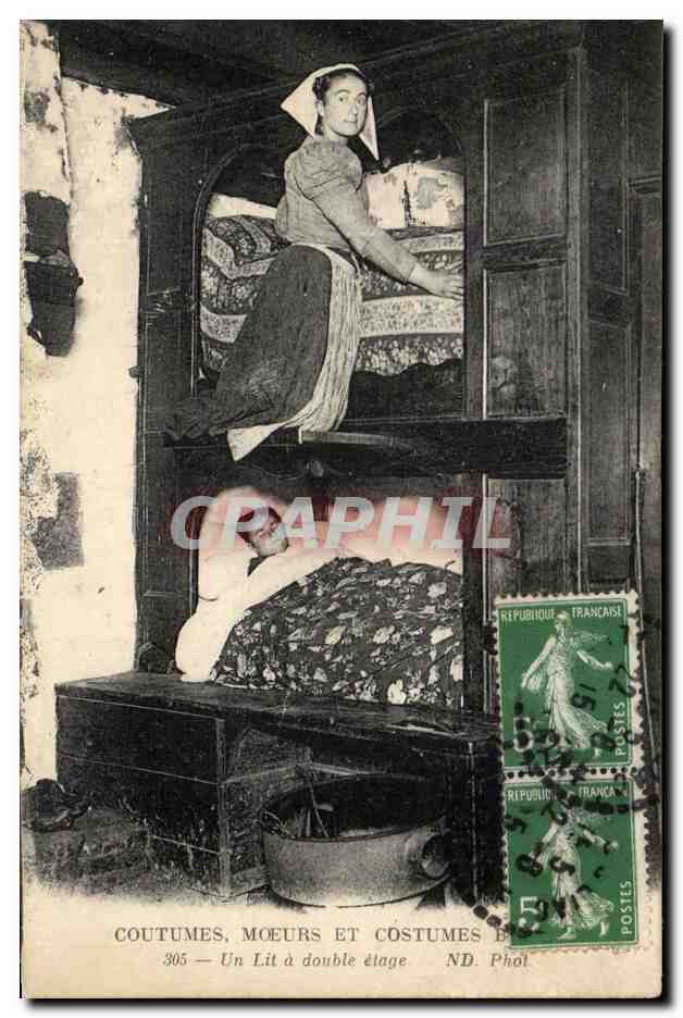 CPA Coutumes Moeurs er Consumes Bretons Le lit a double etage Folklore 