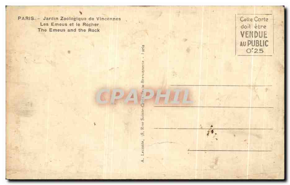 CPA Paris Jardin Zoologique de Vincennes Les Emeus et le Rocher Zoo — Verso