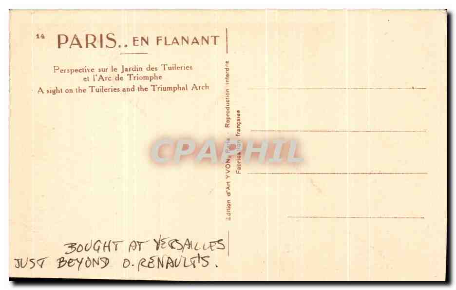 CPA Paris En Flanant Perspective sur le jardin des Tuileries et l'Arc de Triomphe Yvon  — Rückseite