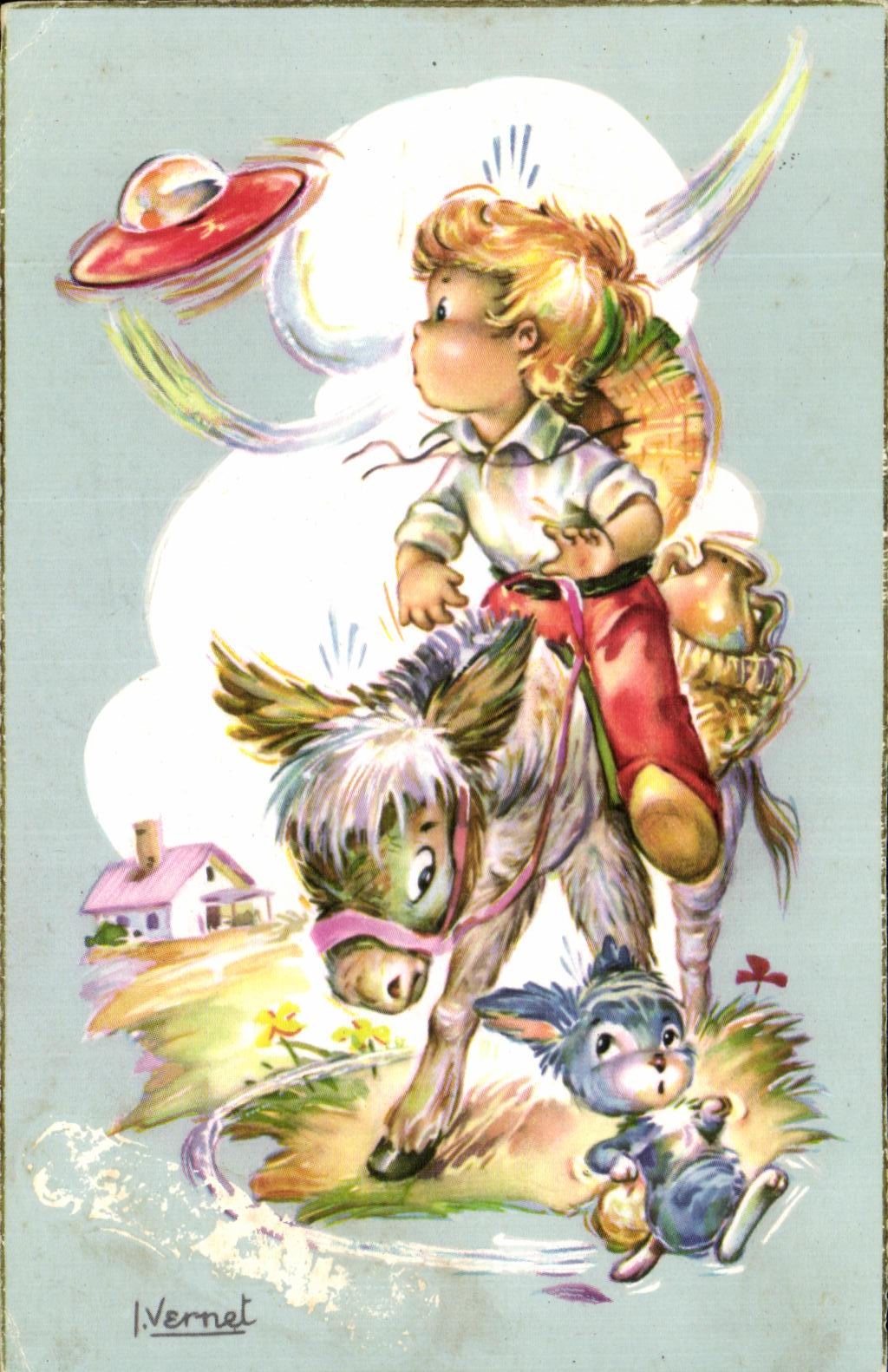 CPA Enfant lapin Ane Soucoupe volante OVNI Vernet