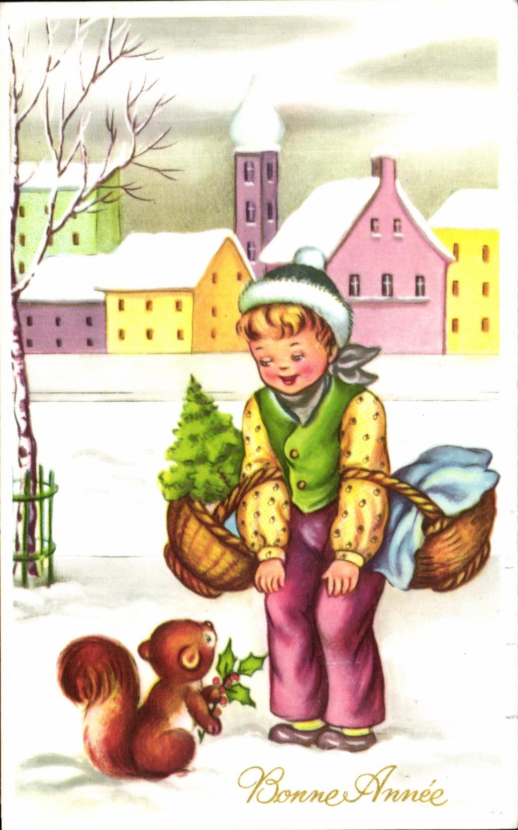 CPA Bonne Annee Enfant Ecureuil