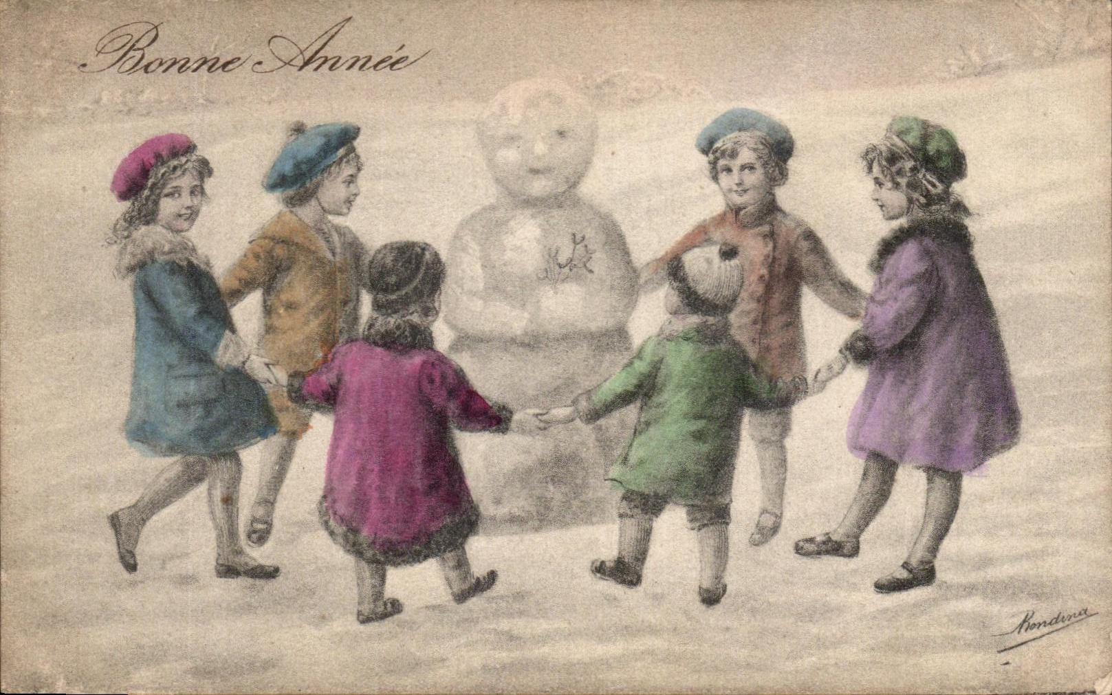 CPA Bonne Annee Enfants bonhomme de neige