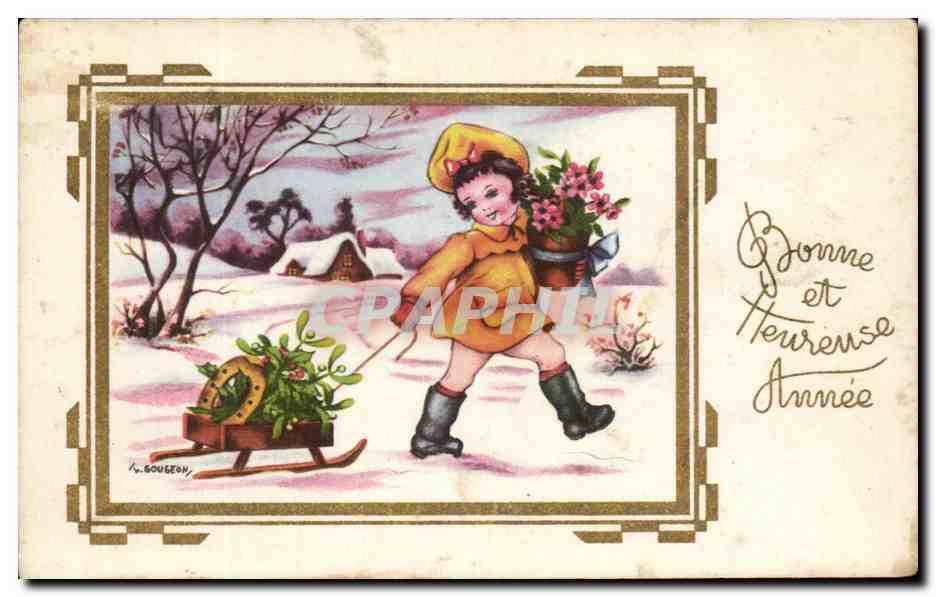 CPA Bonne et Heureuse Annee Enfant Luge