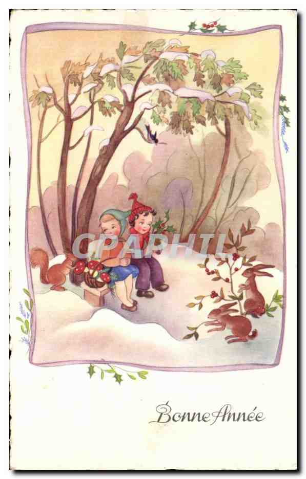 CPA Enfants Bonne annee Ecureuil Lapins 