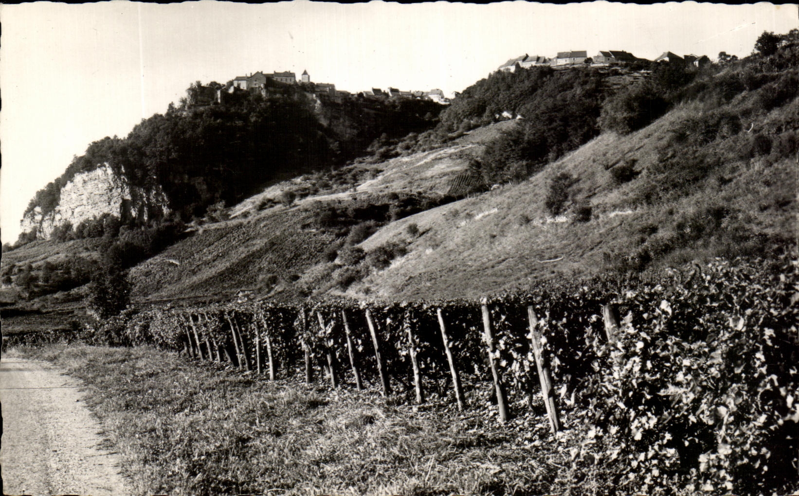 Weinreben und Dorf auf einer Anhöhe — Das pittoreske Franche-Comté — Ausgabe des Parlaments (Dole)