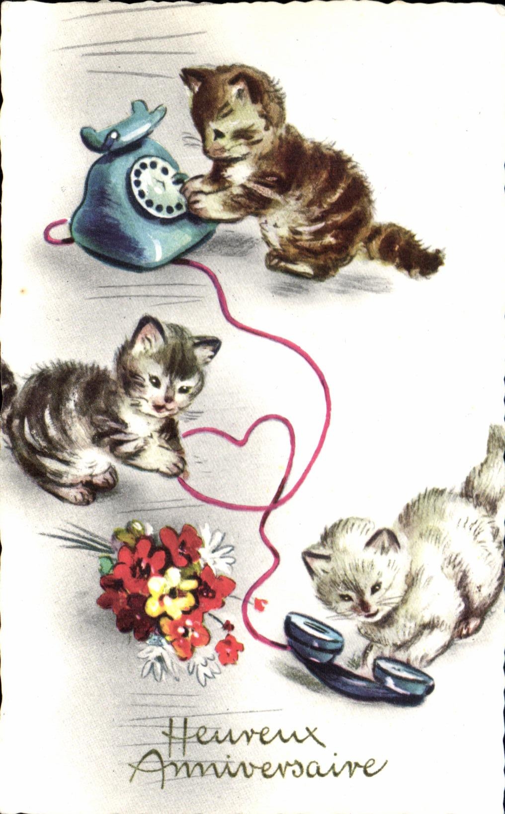 CPA Heureux Anniversaire chats Chatons Telephone 