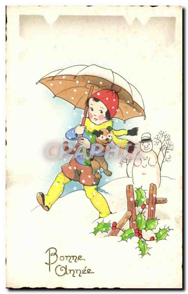 CPA Bonne Annee Enfant chien Bonhomme de neige 