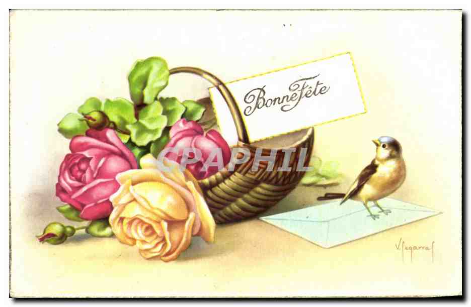 CPA Bonne Fete oiseau Fleurs 