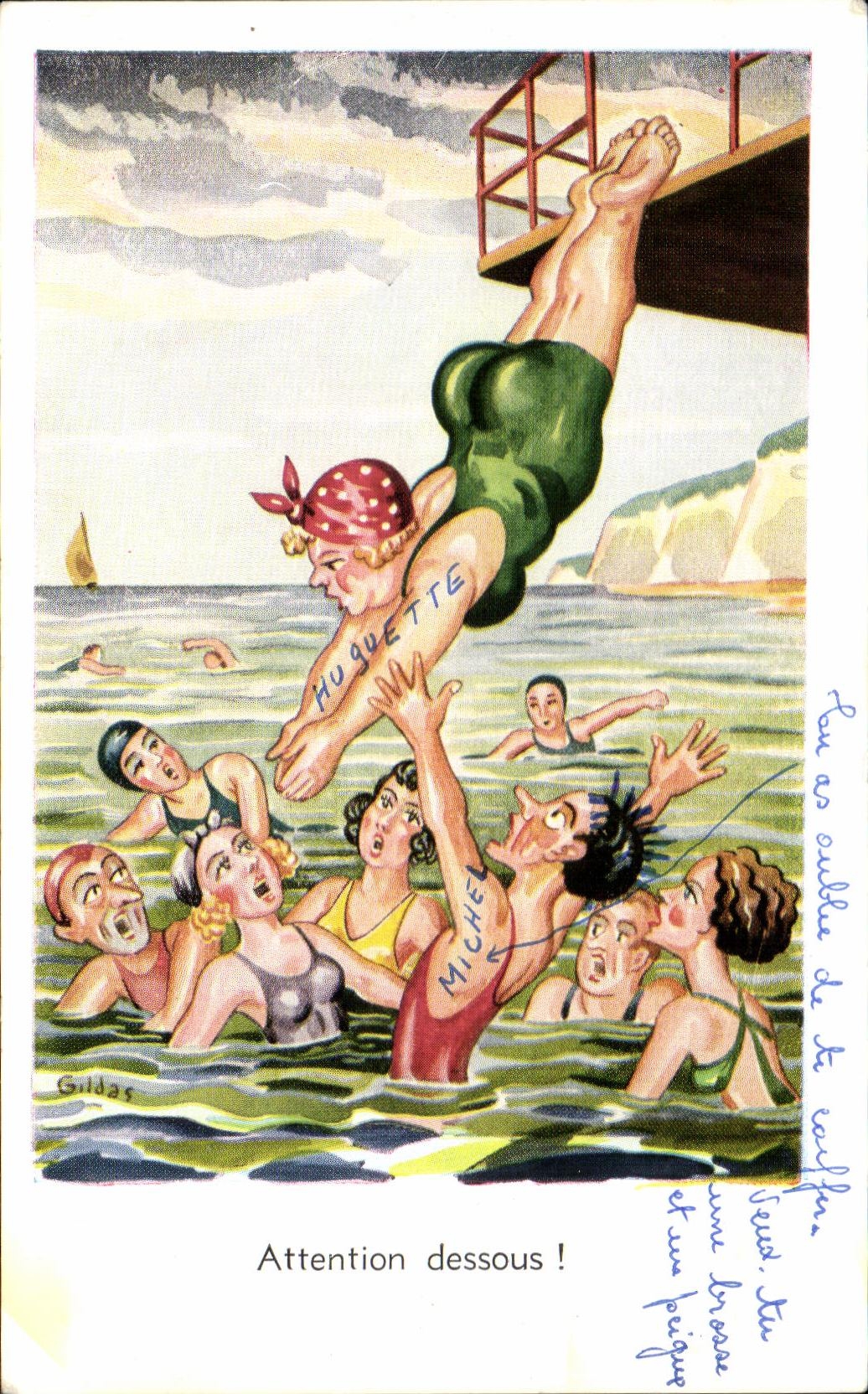 CPA Attention dessous Femme forte Humour