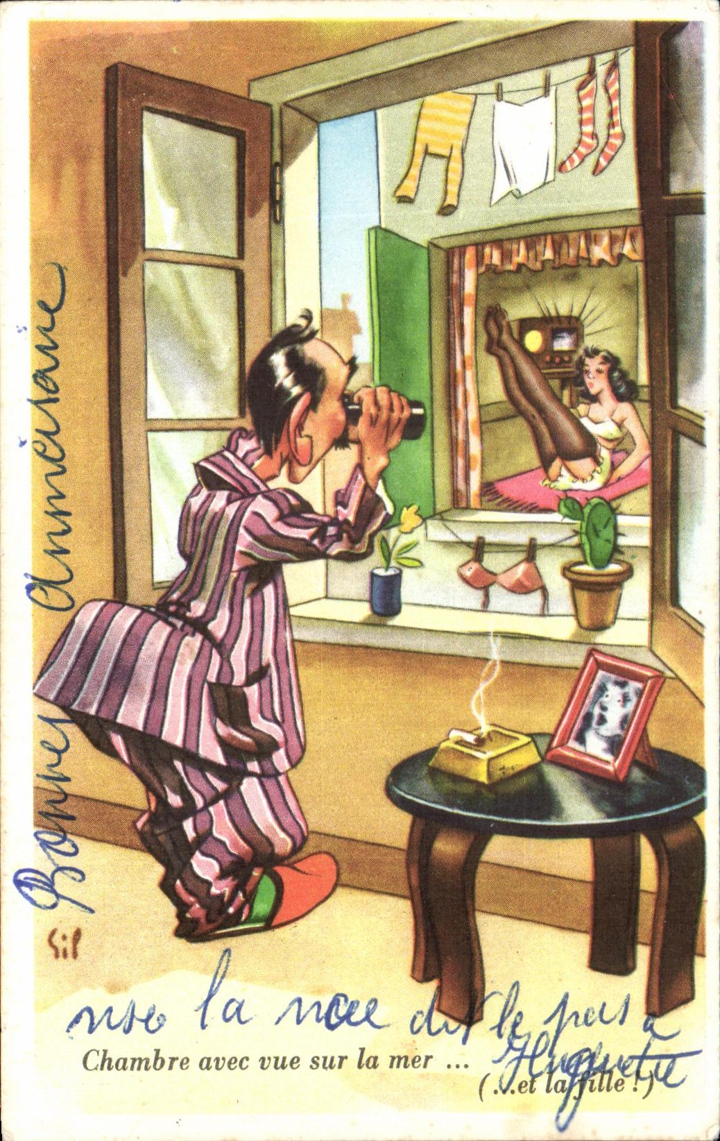 CPA Chambre avec vue sur la mer Pin Up Humour 