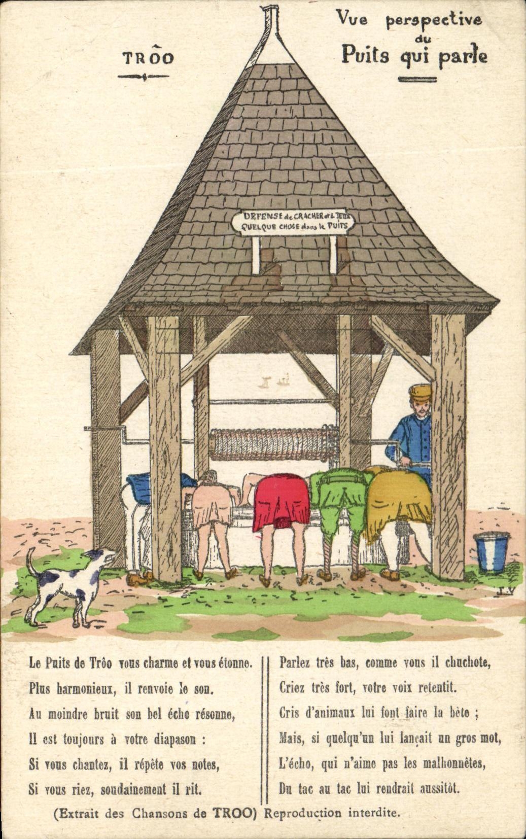 Antike Ansichtskarte Troo Perspektivansicht Sprechender Brunnen Humor