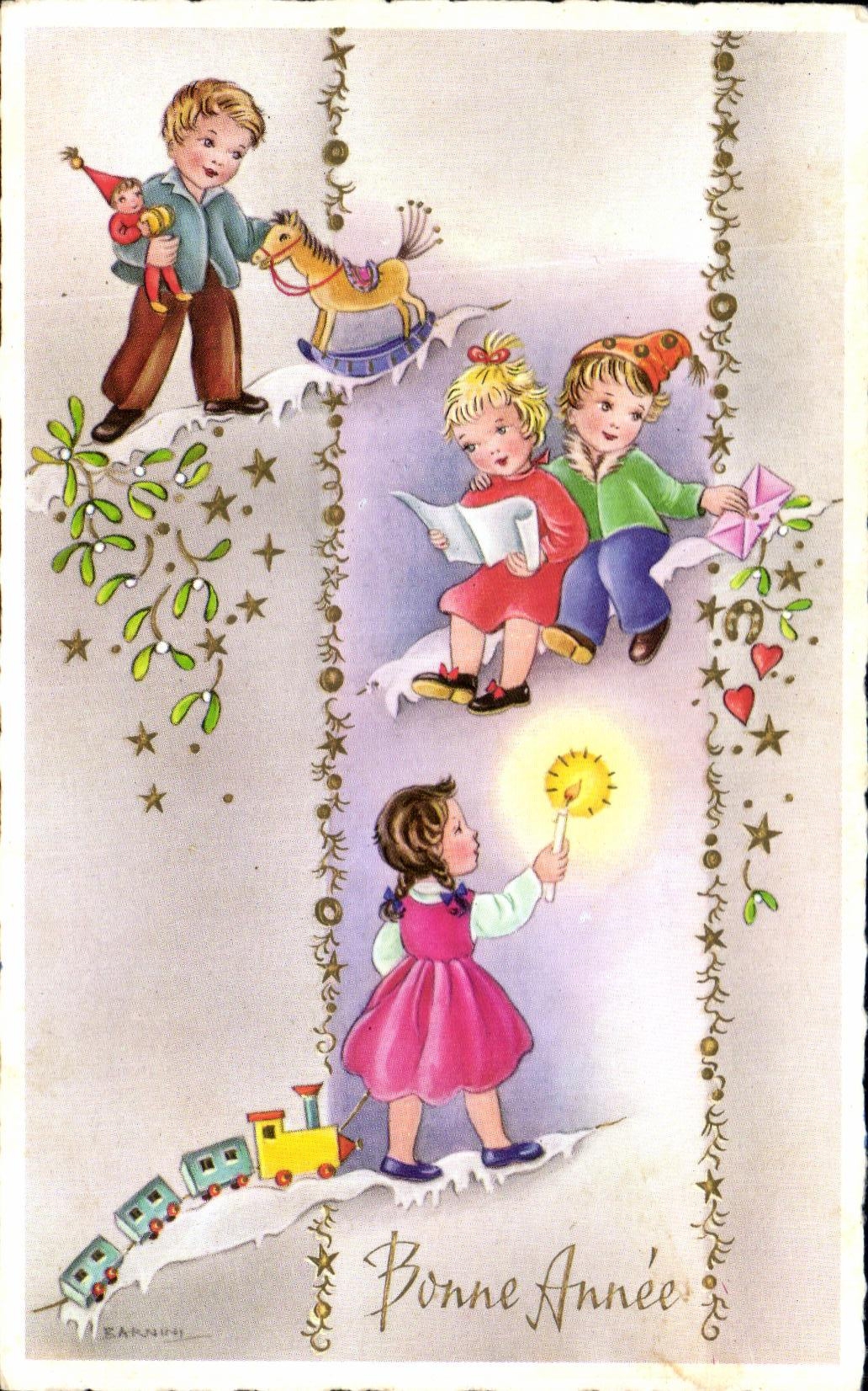CPA Bonne Annee Enfants Train Cheval