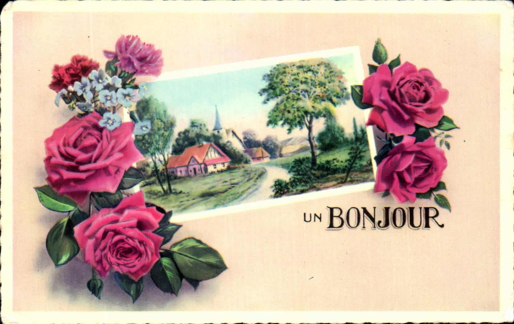 CPA Un Bonjour Fleurs Roses 