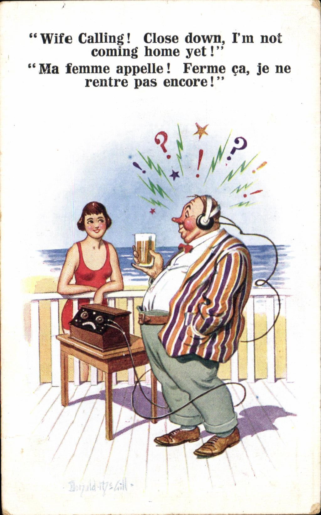 CPA Wife Calling Close down I'm not coming home yet Ma femme appelle Ferme ca je ne rentre pas encore Humour