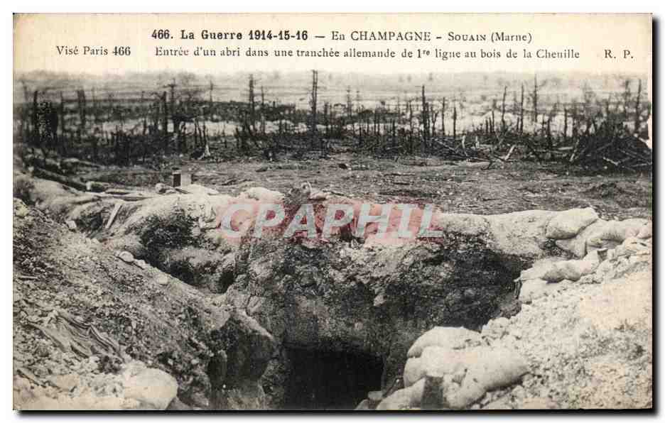 Entrée d'un abri dans une tranchée allemande — Champagne, Souain (Marne) — R. P. — Visé Paris 466
